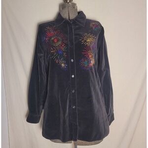 Quacker Factory Womens Button Up Shirt Velour Embroidered Fireworks M